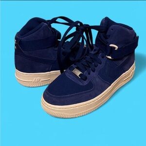 Nike High Top Sneakers - Navy Blue and Cream 4.5Y Suede with stitched with white